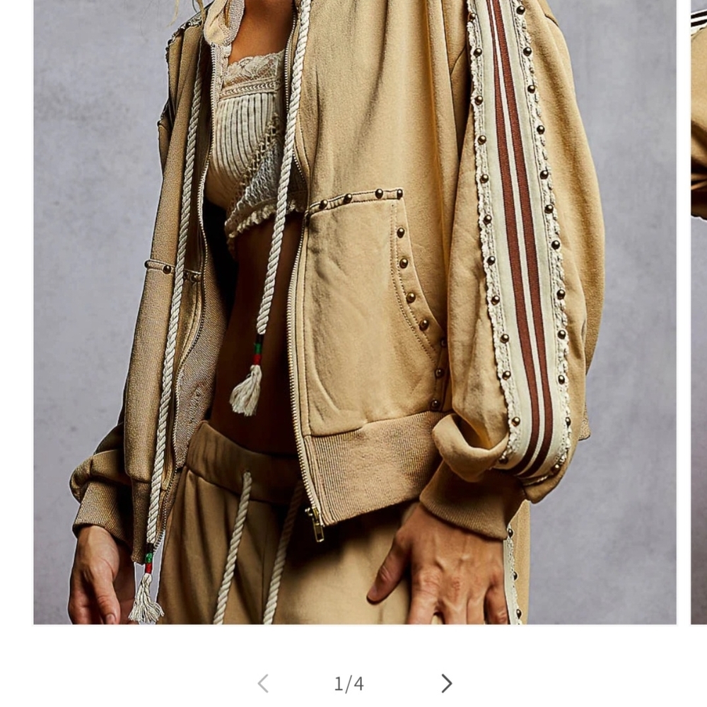 POL New Collection Beige Hoodie Jacket with Embellished Lace & Stud Sleeves